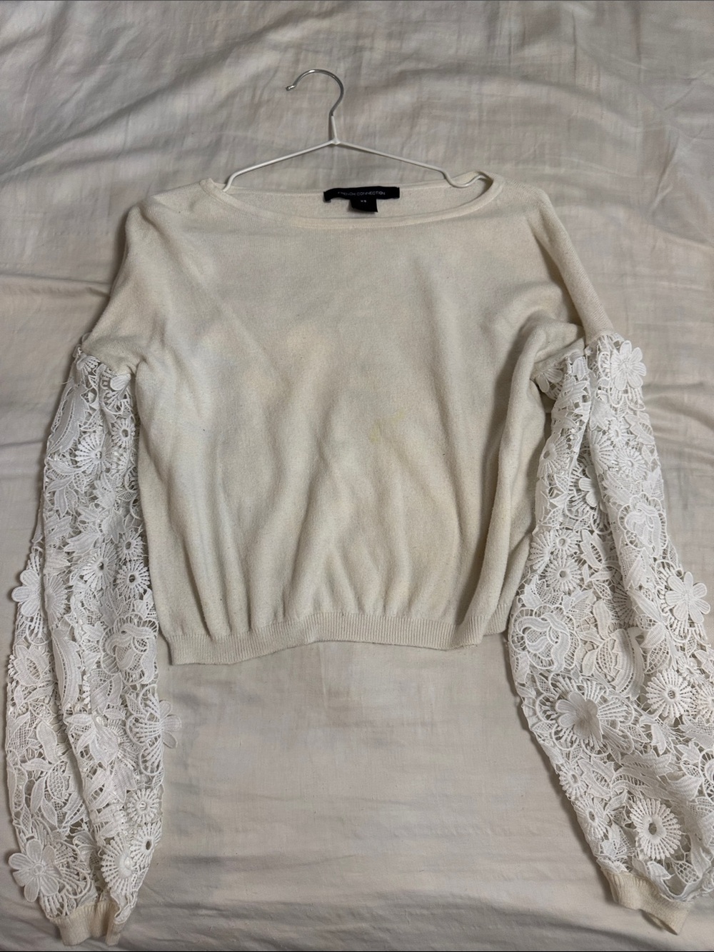 French Connection Cream Lace-Sleeve Sweater